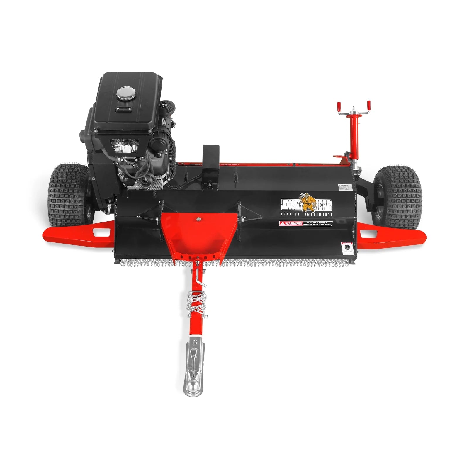 Black and red tow-behind mower with gasoline engine, treaded wheels, red cutting deck, and hitch bar