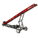 Red inclined conveyor with black belt, raised support frame, wheels, and gas engine