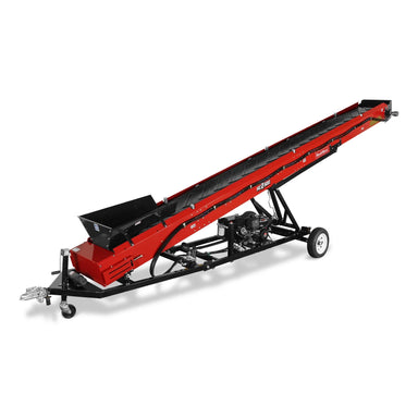 Red inclined belt conveyor with black hopper, trailer hitch, support wheels, and gas engine