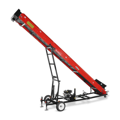 Red towable inclined conveyor with black belt, support frame, wheels, hitch, and gas engine