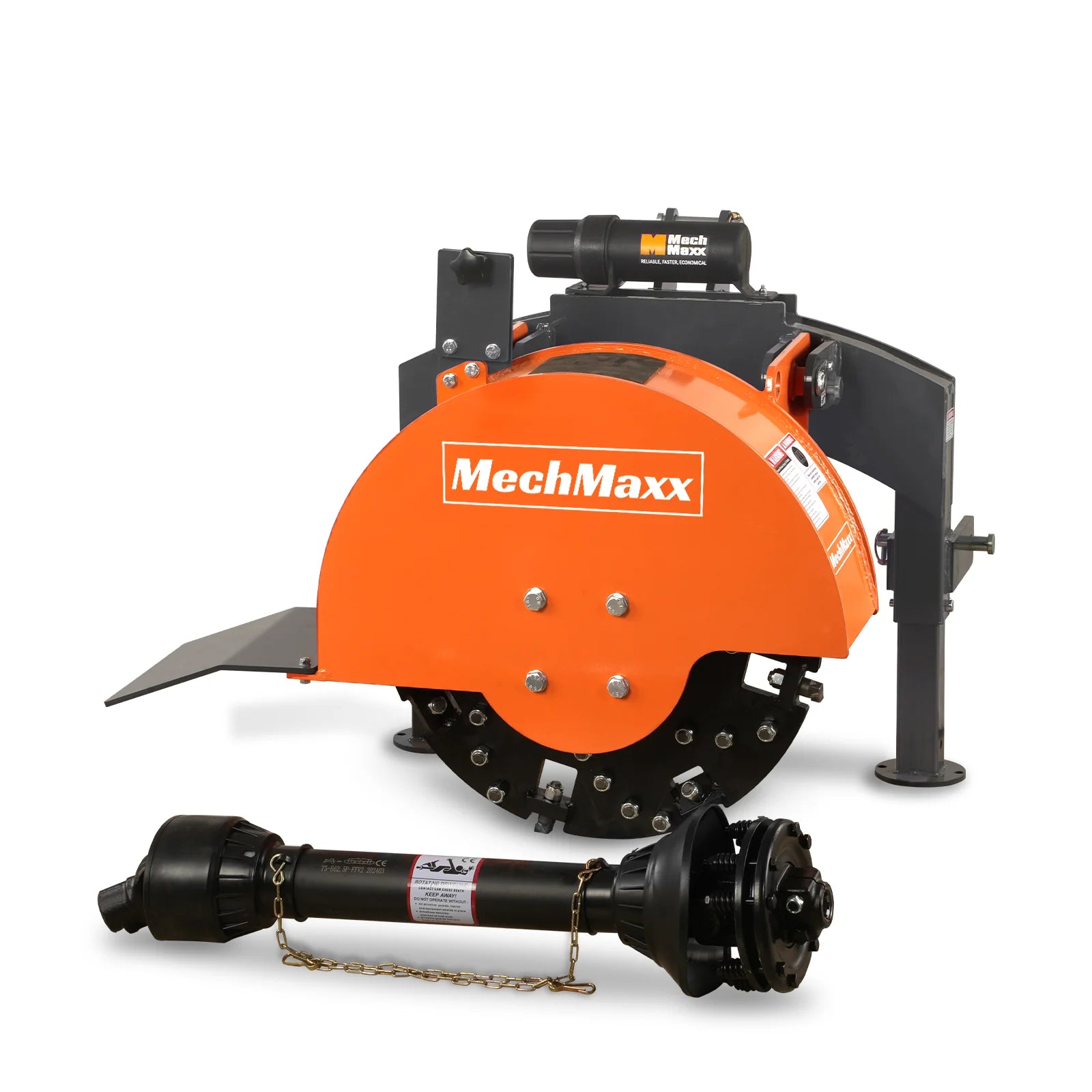 Orange PTO stump grinder attachment with cutting wheel, black support frame, and detached drive shaft