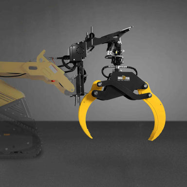 side profile of yellow and black MechMaxx hydraulic rotating log grapple mounted on mini skid steer at gallery position 1
