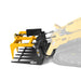 close-up angled view of MechMaxx 42-inch mini skid steer skeleton grapple attachment with hydraulic hoses at gallery position 1