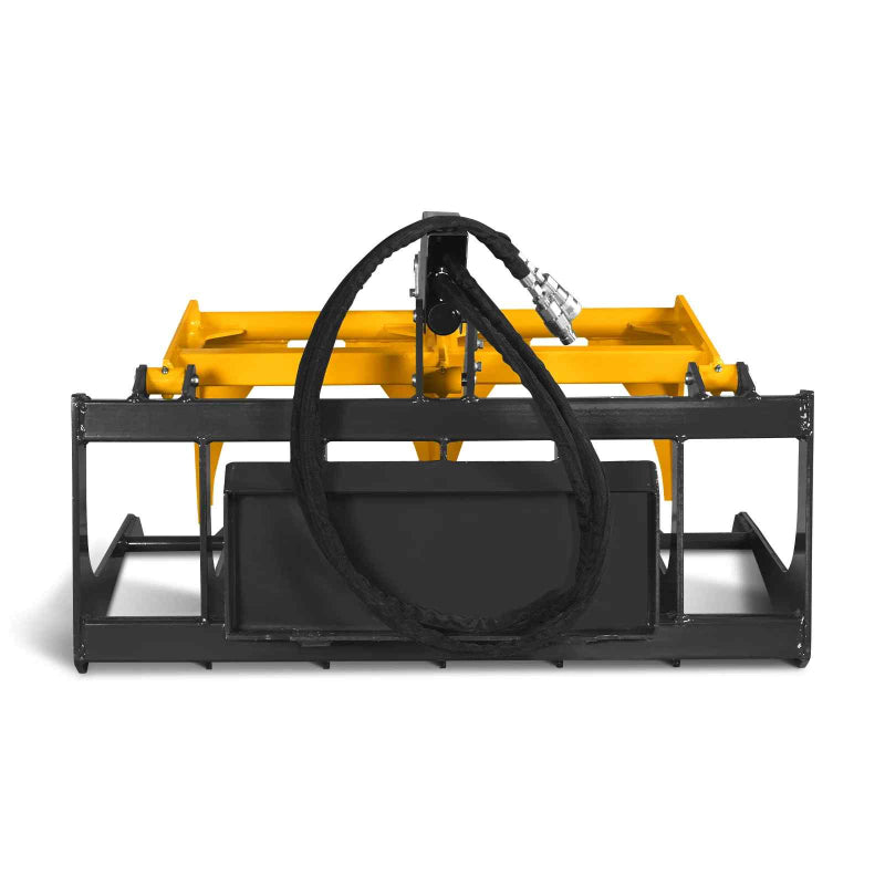 front view of MechMaxx 42-inch mini skid steer skeleton grapple attachment with coiled hydraulic hoses at gallery position 1