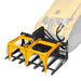 top angled view of yellow and black MechMaxx 42-inch mini skid steer skeleton grapple attachment at gallery position 1