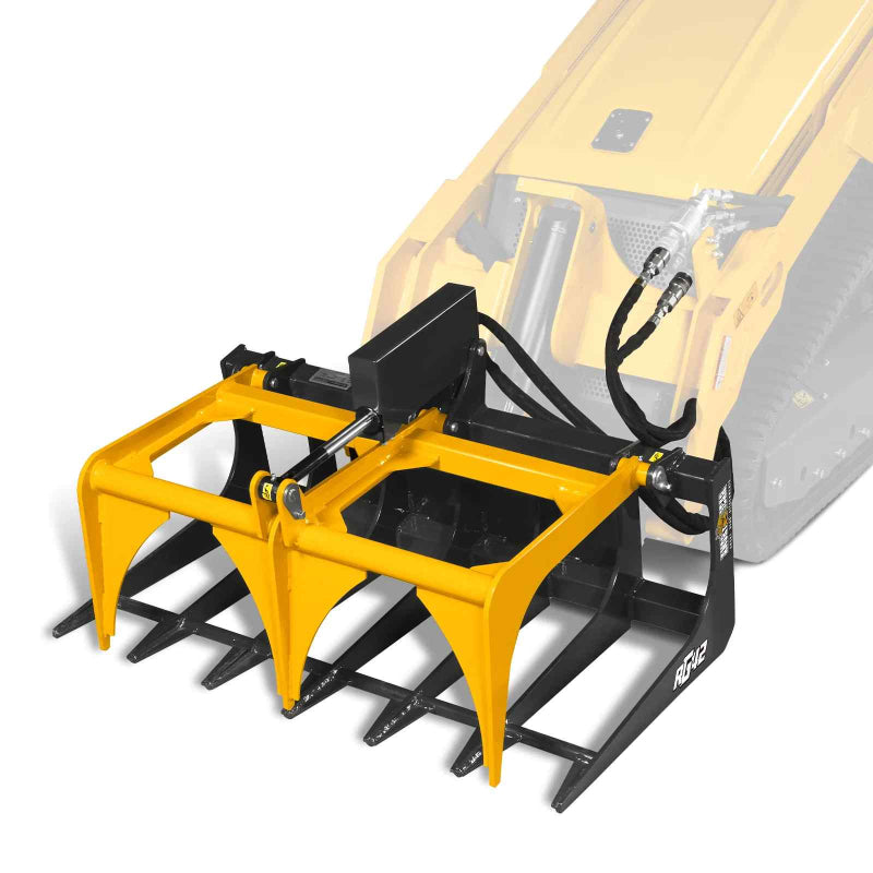 top angled view of yellow and black MechMaxx 42-inch mini skid steer skeleton grapple attachment at gallery position 1