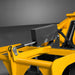 close-up angled view of yellow MechMaxx 42-inch mini skid steer skeleton grapple hydraulic cylinder at gallery position 1