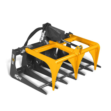 angled view of yellow and black MechMaxx 42-inch mini skid steer skeleton grapple attachment at gallery position 1