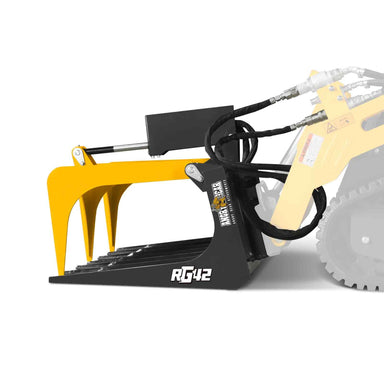 side view of MechMaxx 42-inch mini skid steer skeleton grapple attachment with hydraulic hoses at gallery position 1