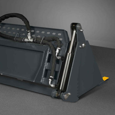 close-up angled view of gray MechMaxx mini skid steer bucket attachment hydraulic cylinder and hose fittings gallery 1