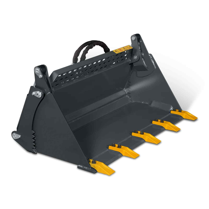 angled front view of gray MechMaxx 4-in-1 mini skid steer combo bucket with yellow teeth at gallery position 1
