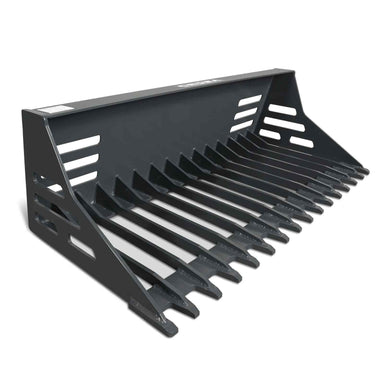 angled front view of black MechMaxx 44-inch mini skid steer rock bucket with spaced tines gallery 1