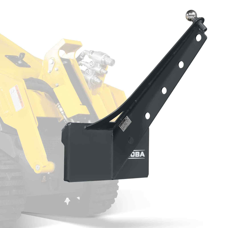 angled view of black MechMaxx 36-inch boom length mini skid steer lifting jib with 2-inch hitch ball gallery 1