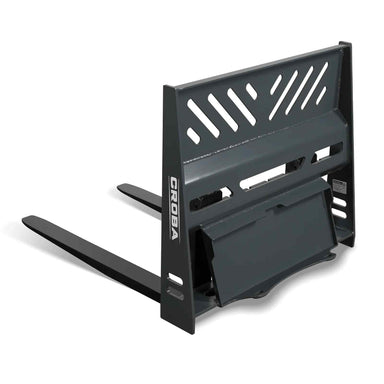 angled perspective of gray MechMaxx 36-inch mini skid steer pallet fork attachment showing side detail gallery position 1