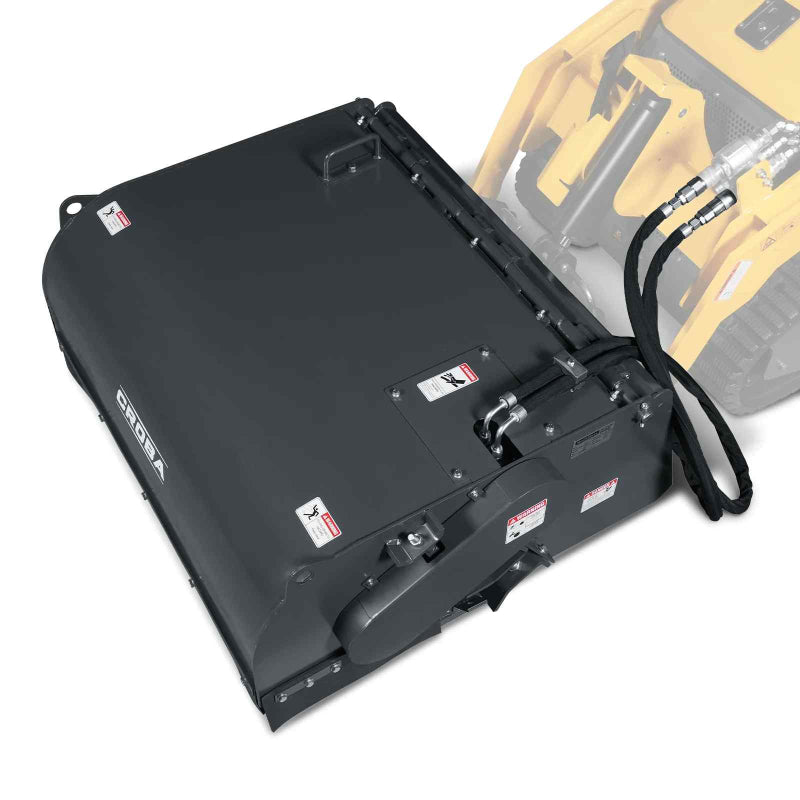 angled view of black MechMaxx 40-inch mini skid steer box broom sweeper showing top and hydraulic hose detail gallery 1