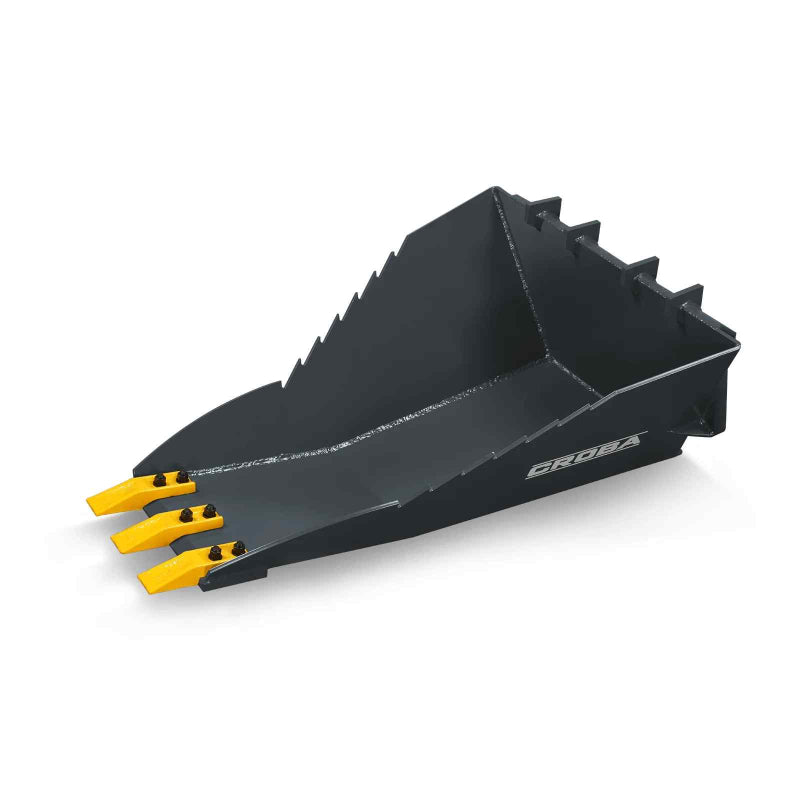 angled view of black 16-inch mini skid steer stump bucket with yellow cutting teeth in gallery position 1