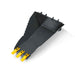 angled perspective of black 16-inch mini skid steer stump bucket with yellow teeth attachment in gallery position 1