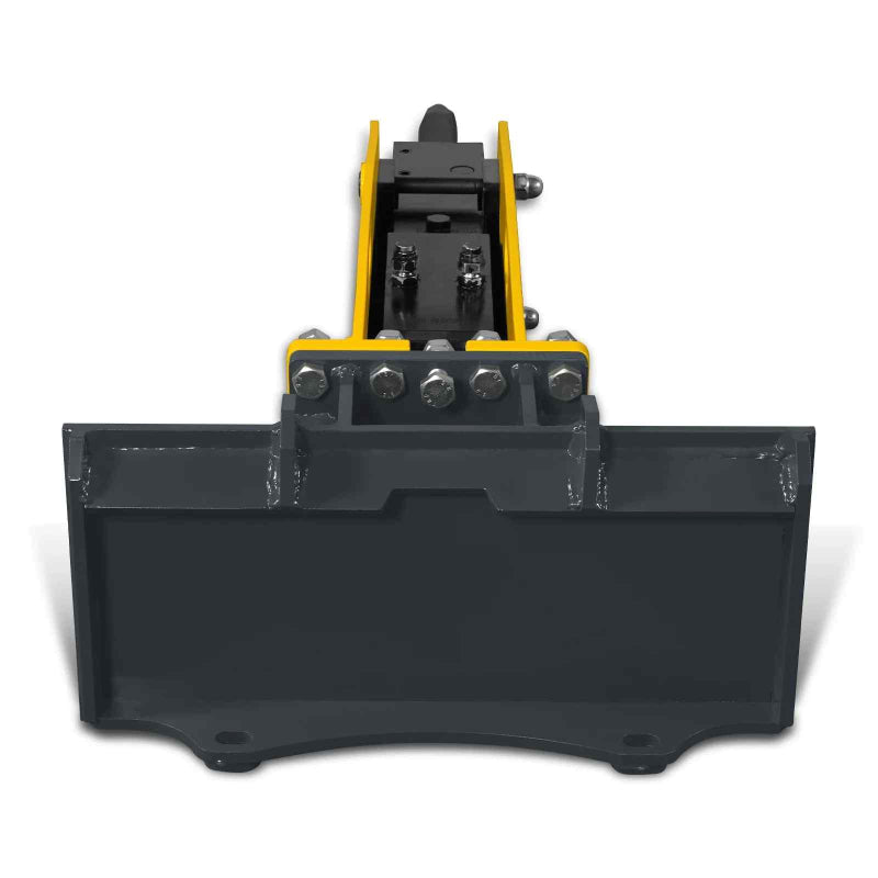 front view of black and yellow MechMaxx 300ft-lbs hydraulic mini skid steer breaker hammer attachment gallery position 1