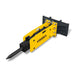 angled side view of yellow and black GROBA hydraulic breaker hammer attachment for mini skid steer gallery position 1