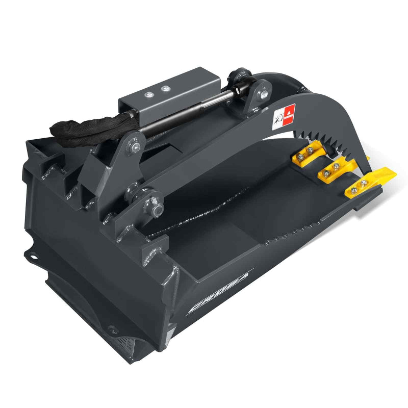 angled view of black 36-inch mini skid steer stump grapple bucket with yellow cutting teeth gallery position 1