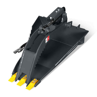 angled perspective of black 36-inch mini skid steer stump grapple bucket with yellow teeth at gallery position 1