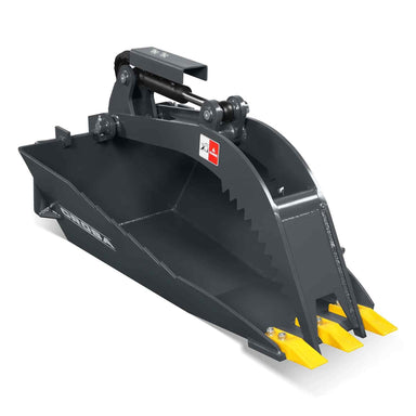 angled side perspective of black and yellow 36-inch mini skid steer stump grapple bucket at gallery position 1