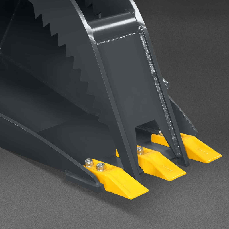 close-up front view of black mini skid steer grapple bucket teeth with yellow replaceable tips gallery position 1
