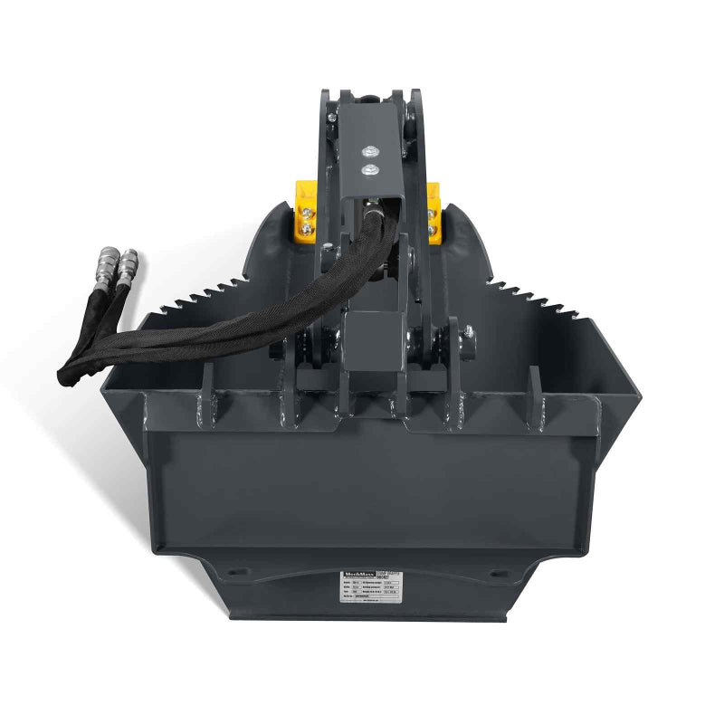 front view of black 36-inch mini skid steer stump grapple bucket with hydraulic hoses attached gallery position 1