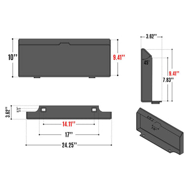 technical schematic with multiple views and inch measurements of a metal mini skid steer attachment part gallery position 1