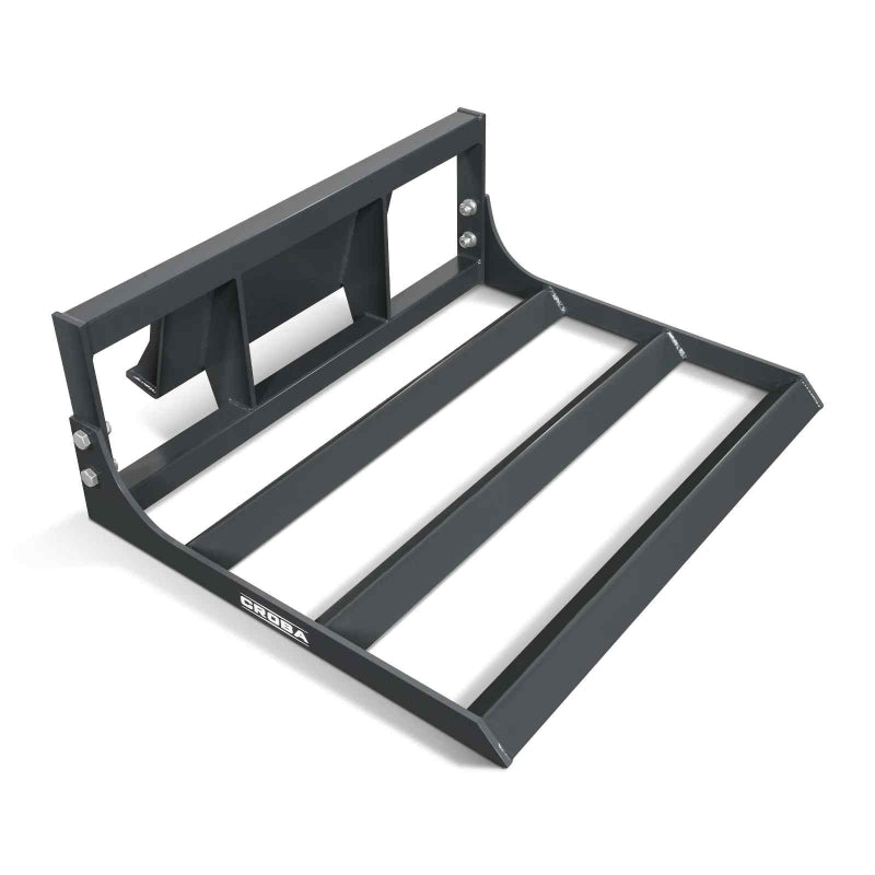 angled view of black 44-inch mini skid steer land leveler attachment showing frame and crossbars gallery position 1