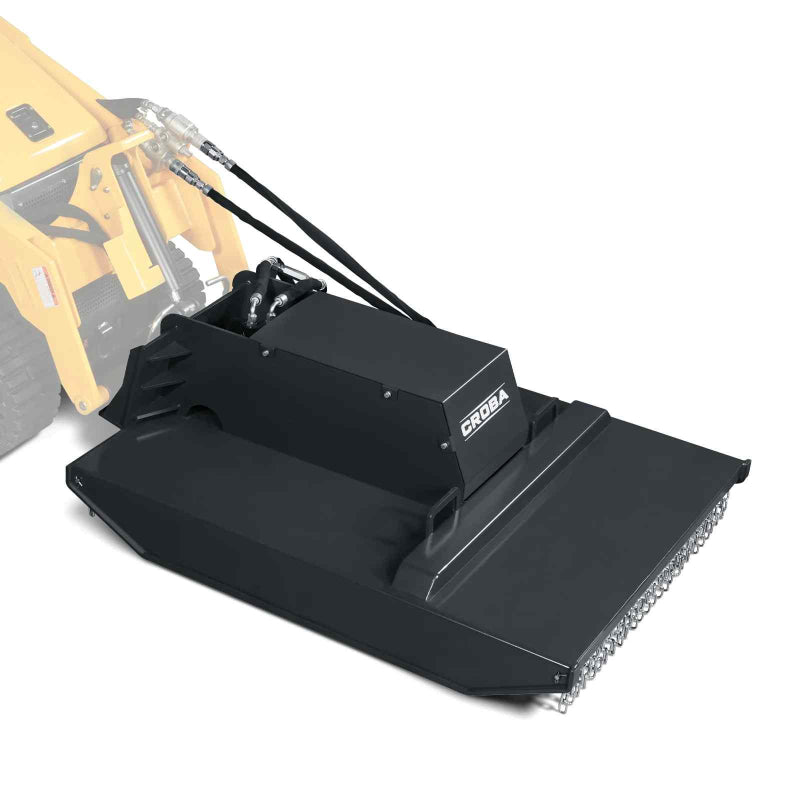 angled front view of black 42-inch MechMaxx mini skid steer brush cutter attachment with hydraulic motor gallery position 1