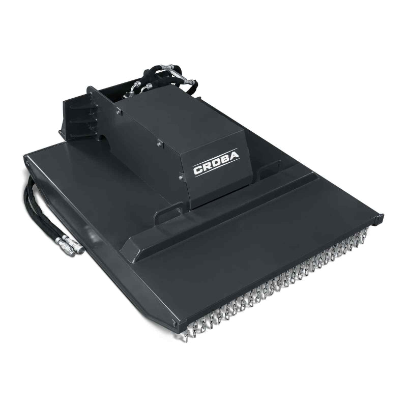 angled front view of black 42-inch mini skid steer brush cutter with hydraulic motor and chain guard gallery position 1