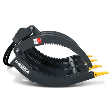 side profile of black 44-inch MechMaxx mini skid steer timber grab with serrated curved tines and yellow tips gallery position 1