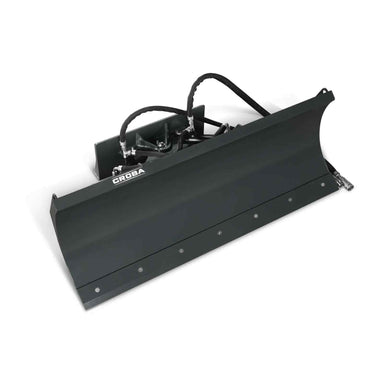 angled front view of black 57-inch hydraulic mini skid steer dozer blade with curved cutting edge gallery position 1