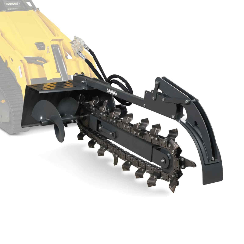 front angled view of black MechMaxx 20-inch mini skid steer trencher attachment with cutting teeth and hydraulic connections gallery 1