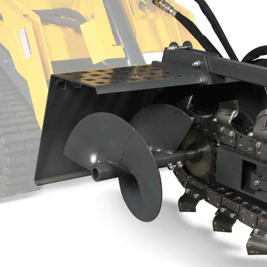 close-up angled view of black auger and trenching chain on MechMaxx 20-inch cutting depth mini skid steer trencher gallery 1