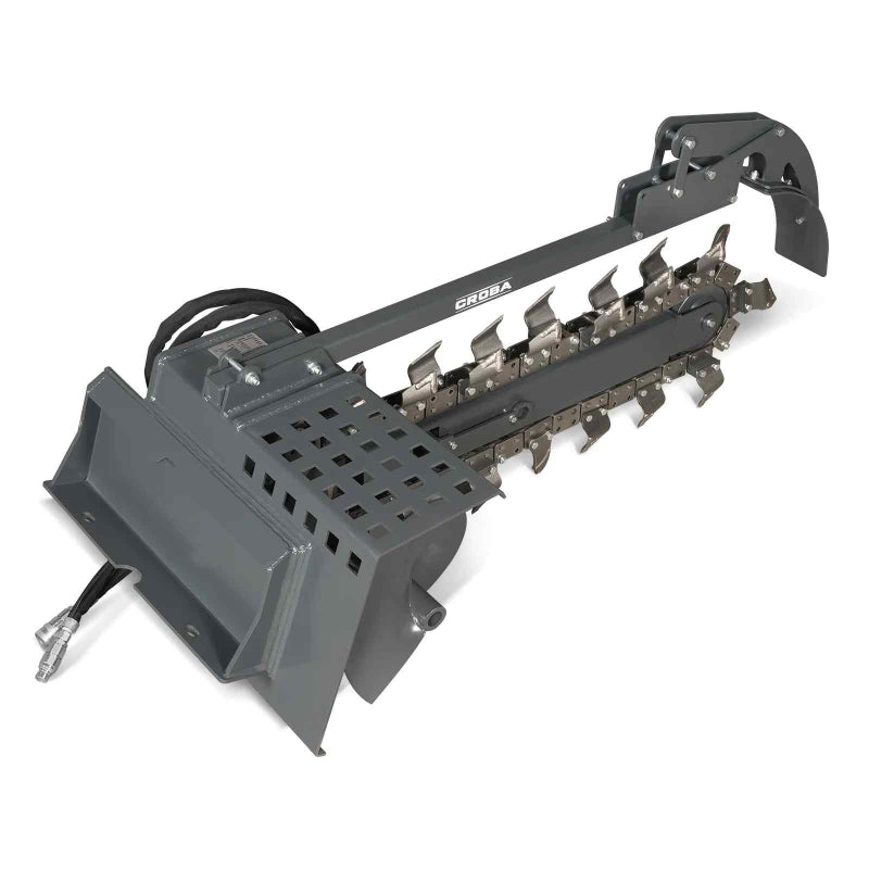 angled view of gray MechMaxx mini skid steer trencher with cutting teeth and protective guard gallery position 1