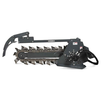 side view of black MechMaxx 20-inch cutting depth mini skid steer trencher with cutting teeth and hydraulic hoses gallery 1