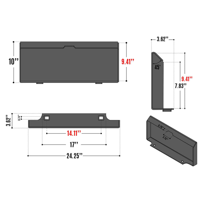 technical drawing showing front, side, and top views with measurements of mini skid steer attachment part gallery position 1