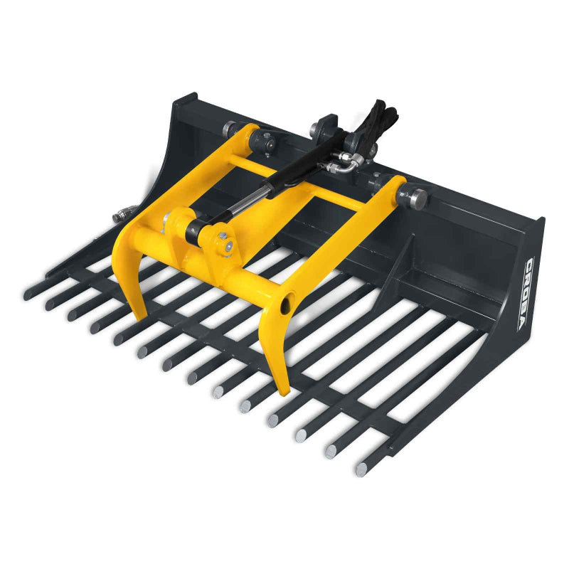 angled gallery view of MechMaxx 20-inch mini skid steer rock grapple bucket showing yellow hydraulic grapple arms and tines