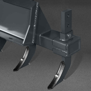 close-up angled view of MechMaxx 40-inch mini skid steer scarifier attachment showing scarifying shanks gallery position 1