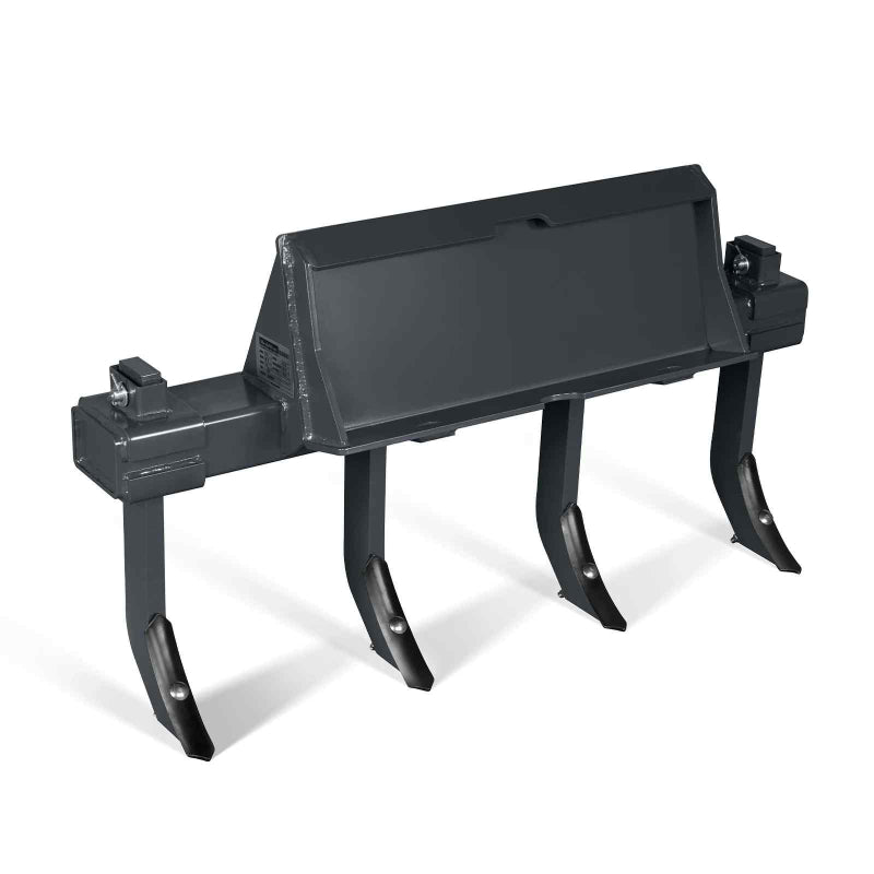 angled view of black 40-inch MechMaxx mini skid steer scarifier with four soil penetration shanks gallery position 1