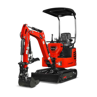front angled view of red MechMaxx MEC10 mini excavator with Honda GX390 engine gallery position 1