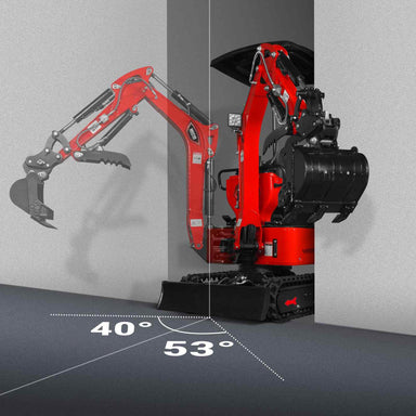 side view of red MechMaxx MEC10 mini excavator demonstrating 40 and 53 degree digging angles gallery position 1