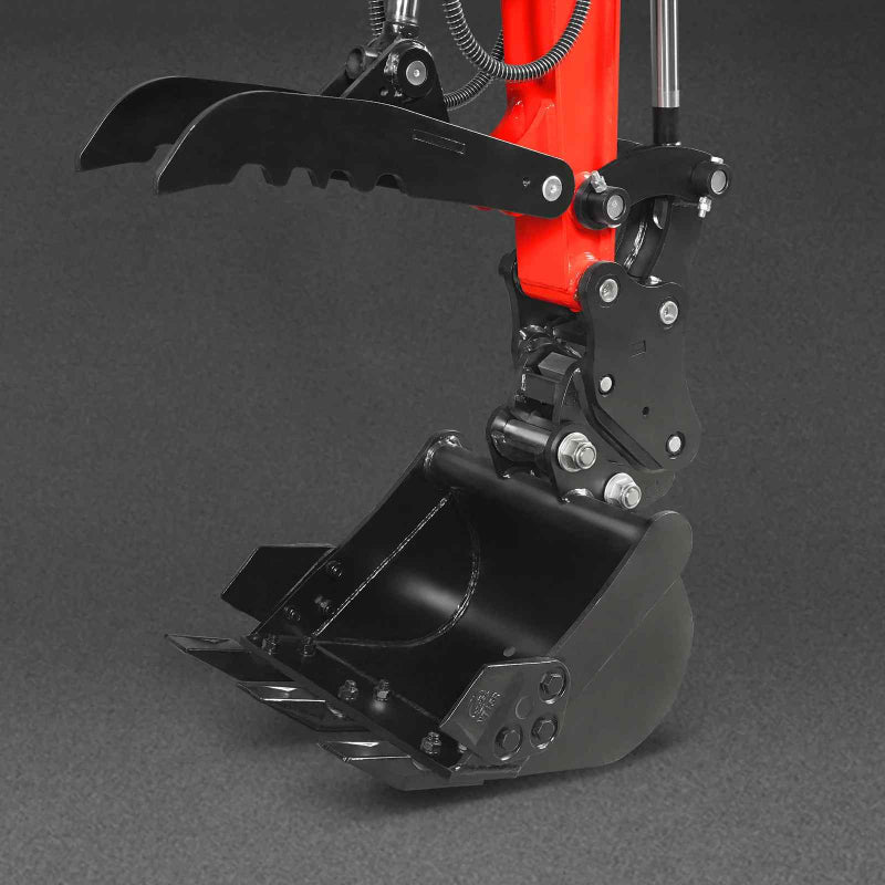 close-up of digging bucket and thumb attachment on red MechMaxx MEC10 mini excavator arm gallery position 1
