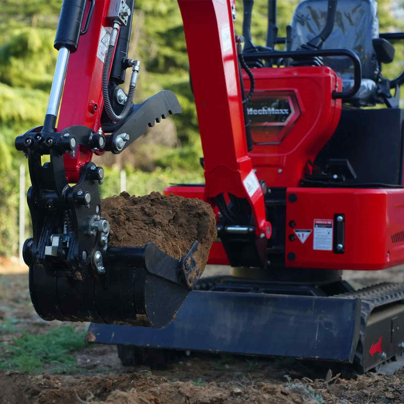 close-up of red MechMaxx MEC10 mini excavator bucket lifting soil with visible hydraulic arm gallery position 1