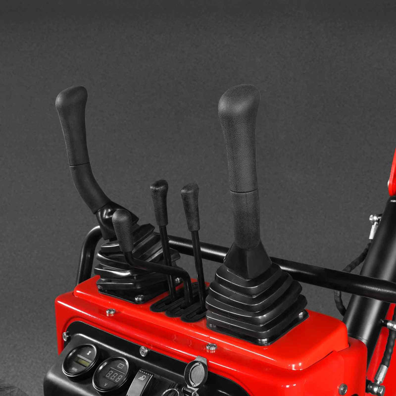 close-up of joystick controls and digital display panel on red MechMaxx MEC10 mini excavator gallery position 1