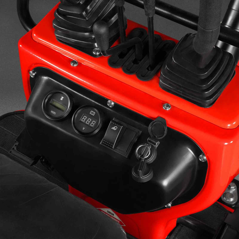 close-up of control panel with ignition switch, toggle switch, and voltage meter on MechMaxx MEC10 mini excavator gallery position 1