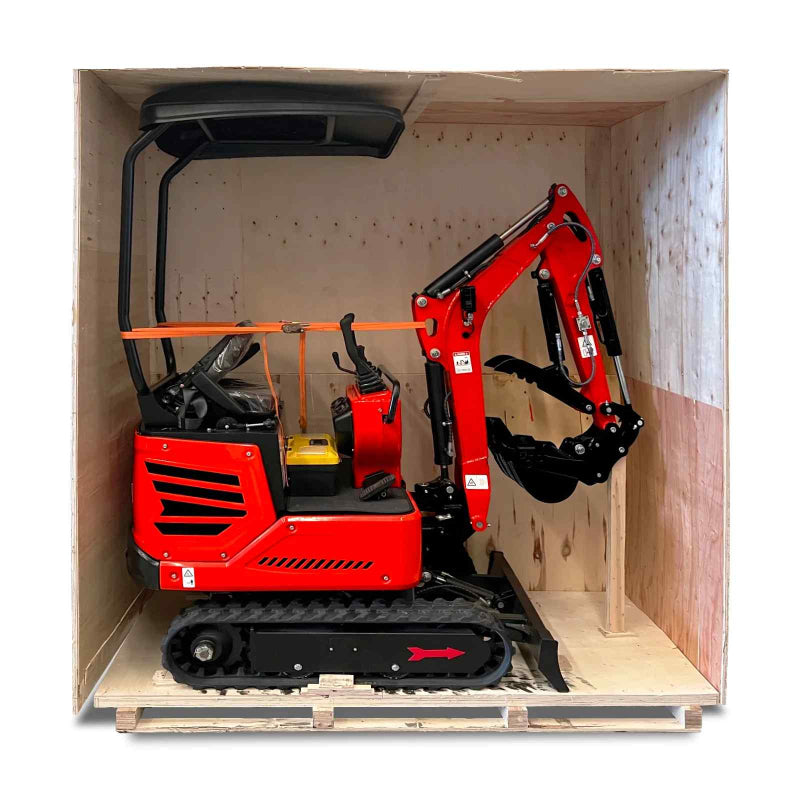 red MechMaxx MEC10 mini excavator with Honda GX390 engine packed inside wooden crate gallery position 1