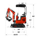 side view of red MechMaxx MEC10 mini excavator with Honda GX390 engine and detailed dimension annotations gallery position 1